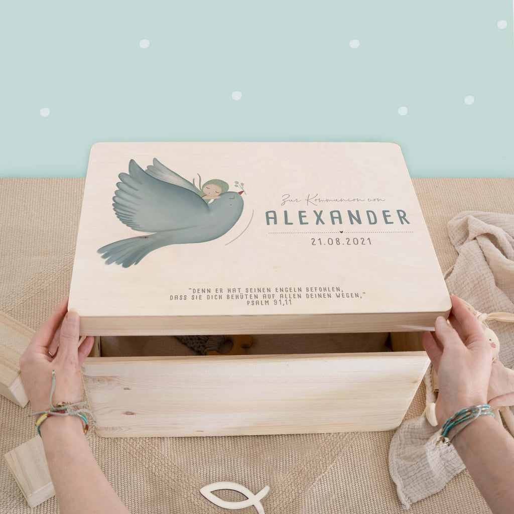 Erinnerungskiste zur Kommunion „Taube mit Kind“ Aquarell personalisiert Druck