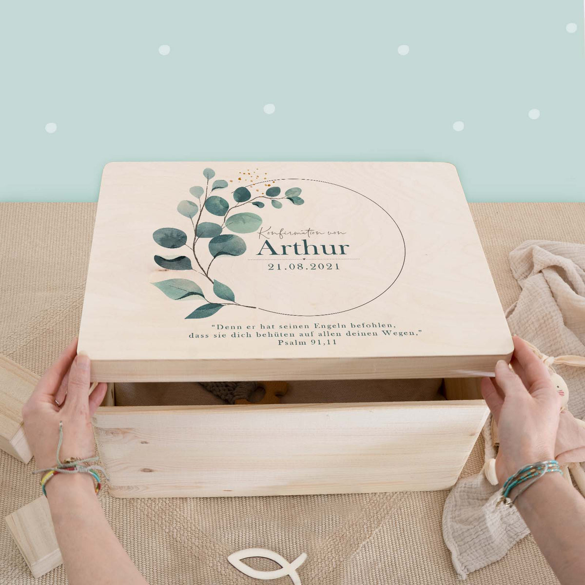Erinnerungsbox Geschenk zur Konfirmation "Eukalyptus" Aquarell