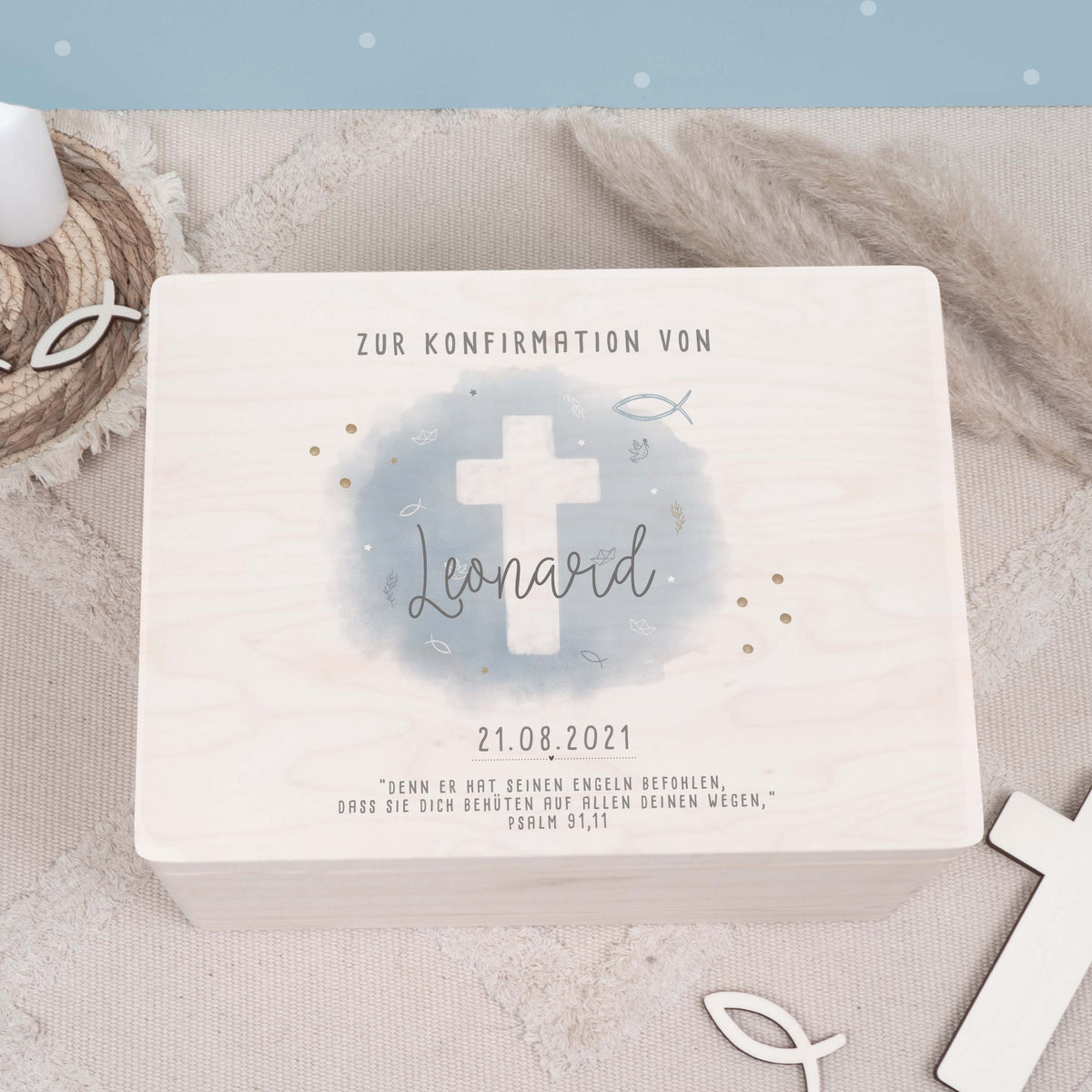 Erinnerungsbox Geschenk zur Konfirmation "Kreuz Blau" Aquarell