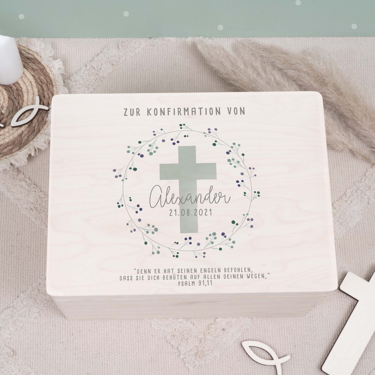 Erinnerungsbox Geschenk zur Konfirmation "Kreuz Mint" Aquarell