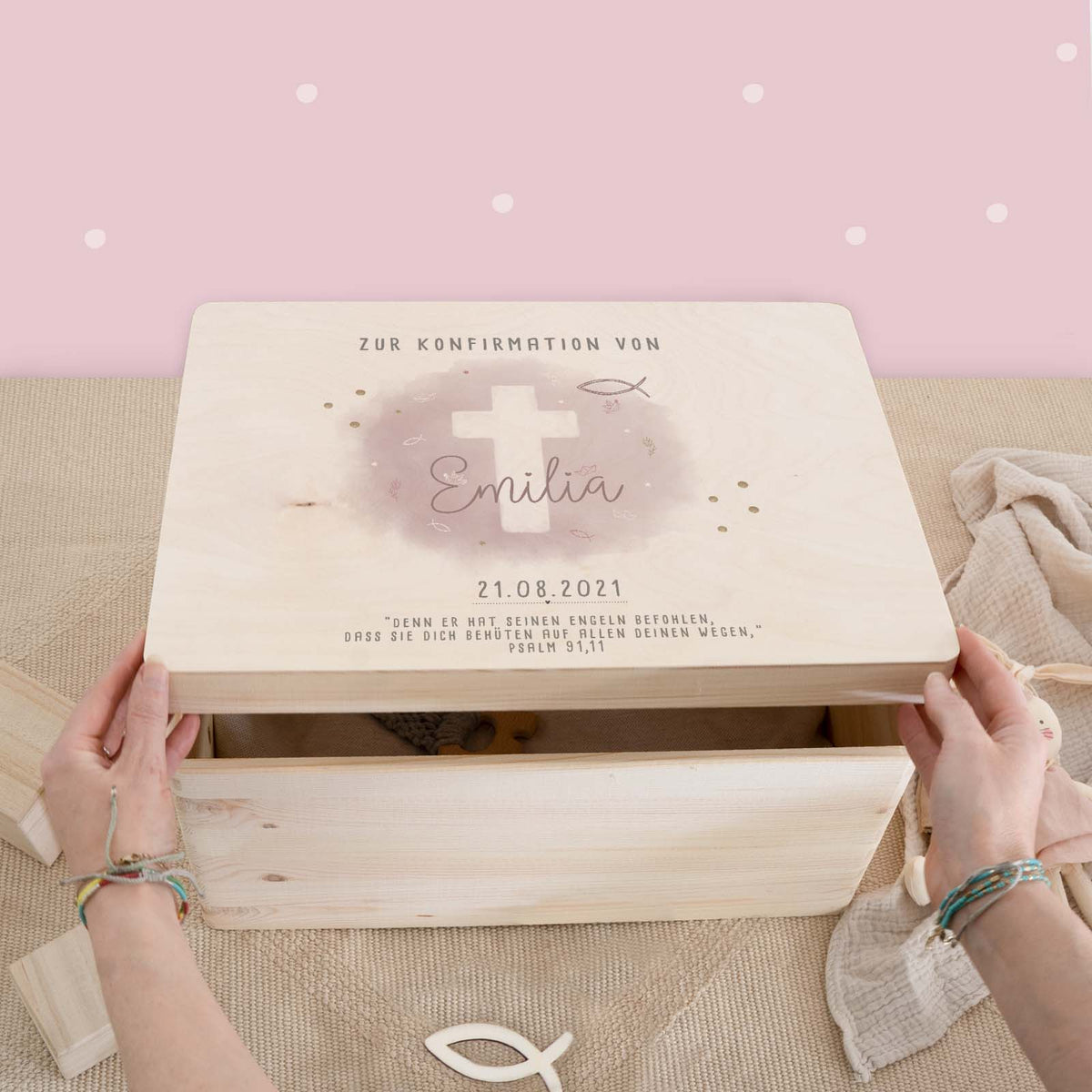 Erinnerungsbox Geschenk zur Konfirmation "Kreuz Rosa" Aquarell