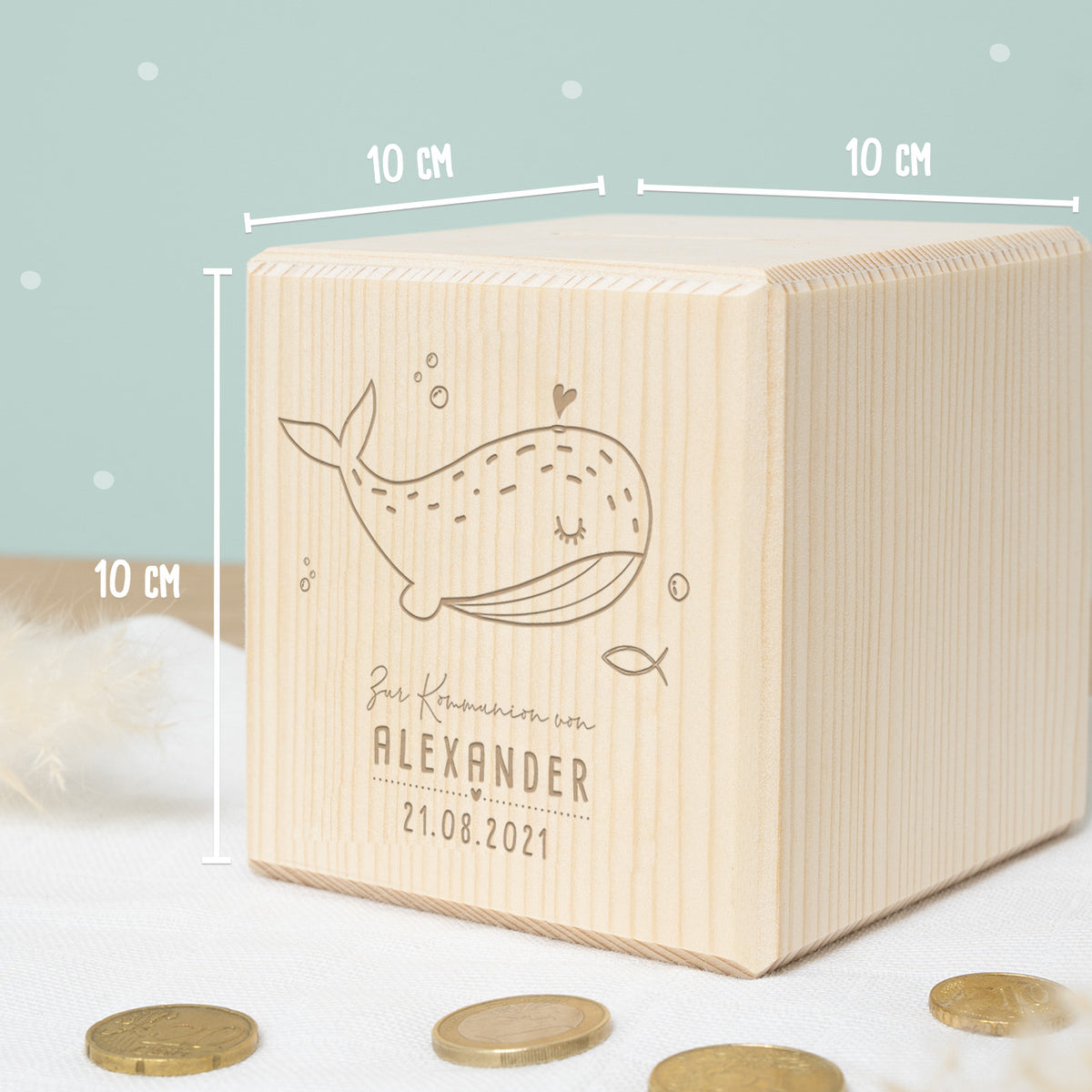 Personalisierte Holzspardose Geschenk zur Kommunion "Wal" Gravur