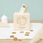 Personalisierte Holzspardose Geschenk zur Kommunion "Taube" Gravur