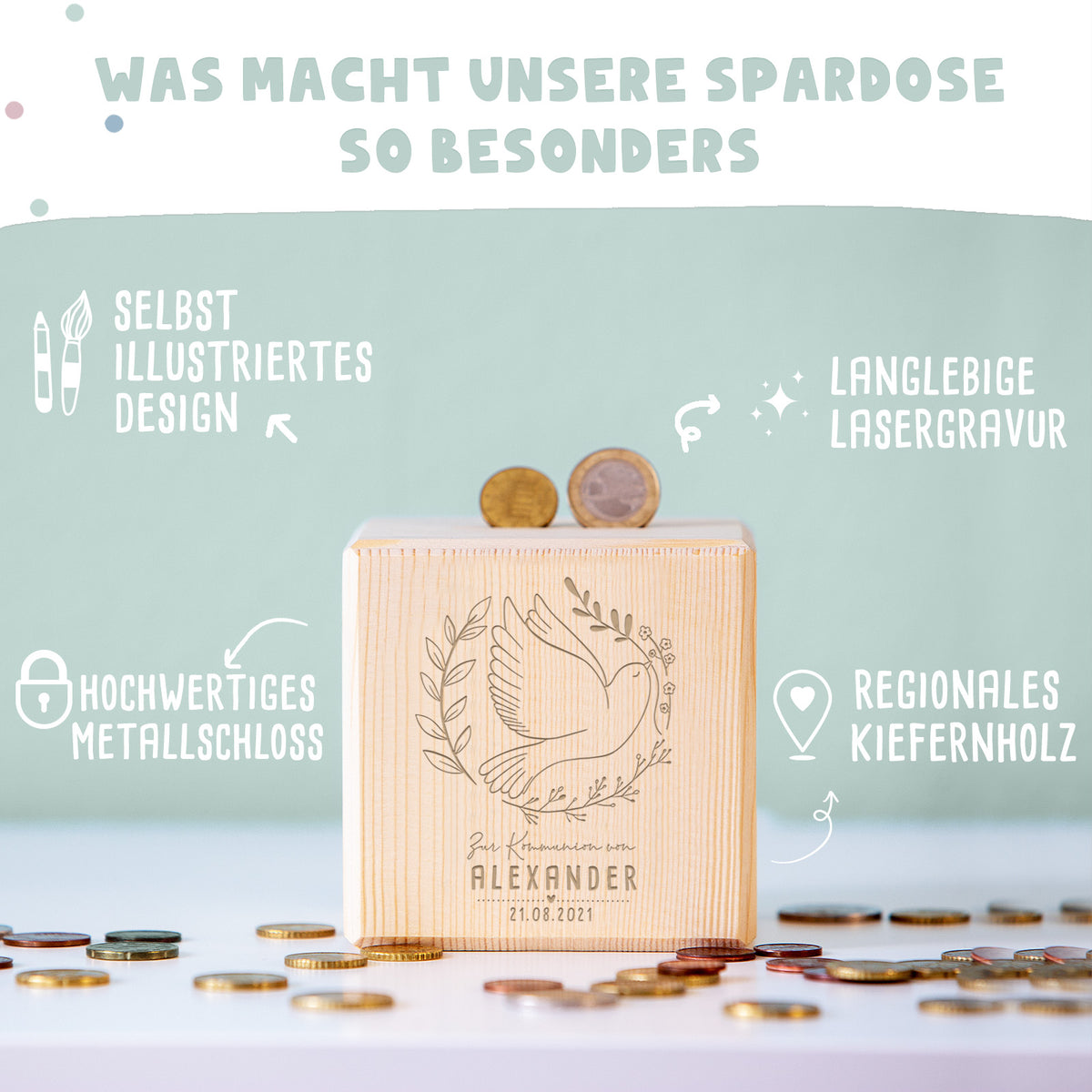 Personalisierte Holzspardose Geschenk zur Kommunion "Taube" Gravur