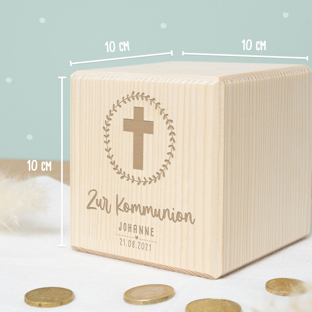 Personalisierte Holzspardose Geschenk zur Kommunion "Kreuz" Gravur