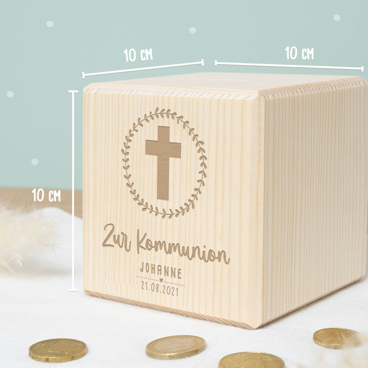 Personalisierte Holzspardose Geschenk zur Kommunion "Kreuz" Gravur