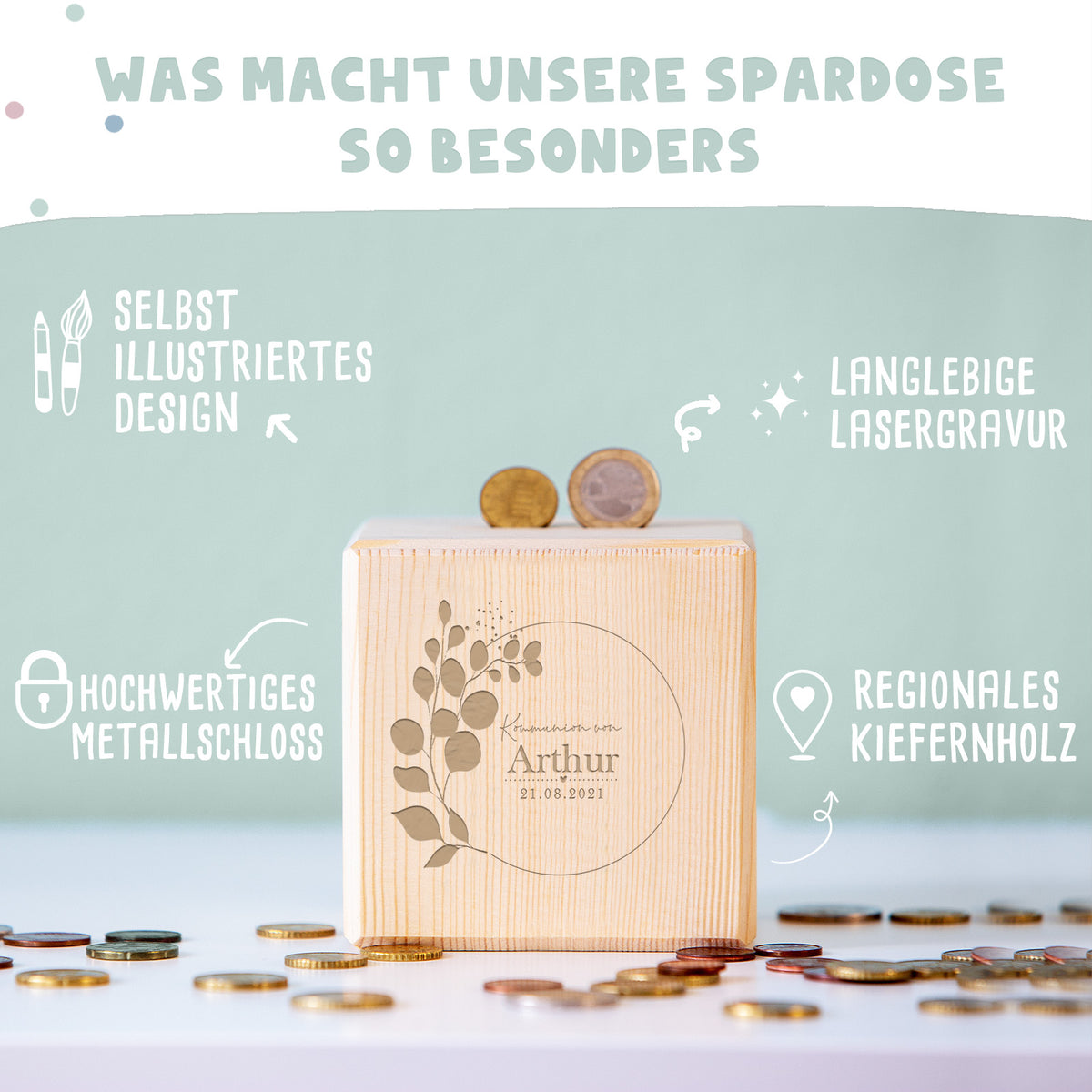 Personalisierte Holzspardose Geschenk zur Kommunion "Eukalyptus" Gravur