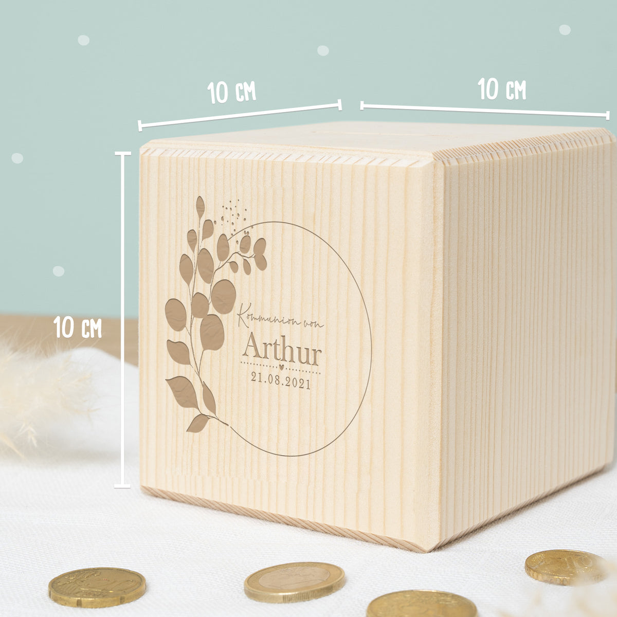 Personalisierte Holzspardose Geschenk zur Kommunion "Eukalyptus" Gravur