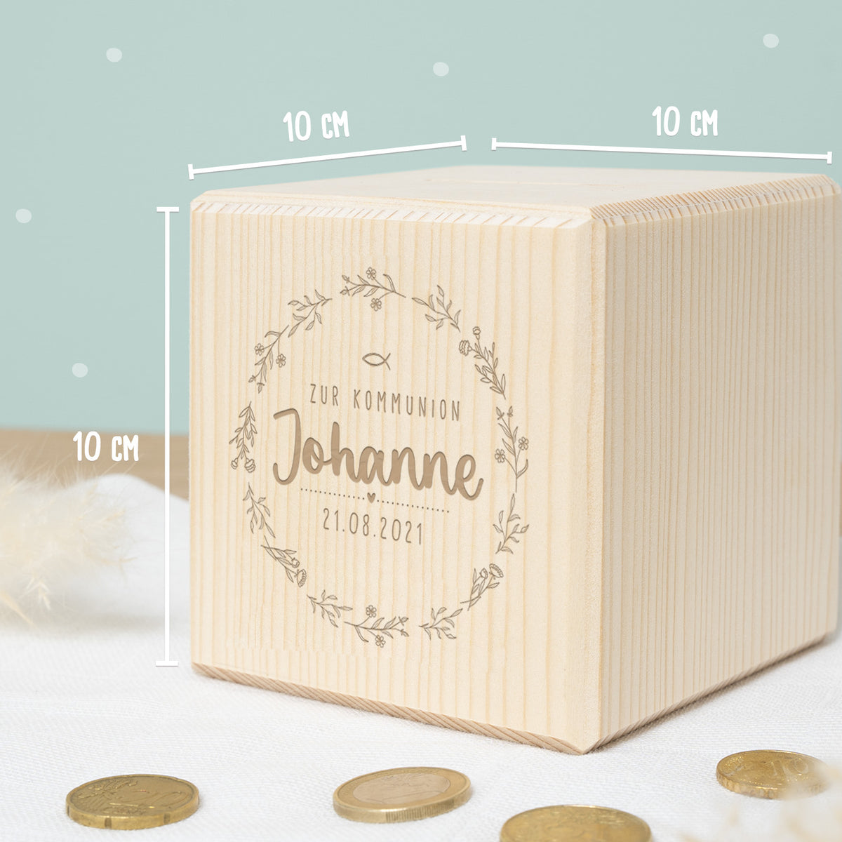 Personalisierte Holzspardose Geschenk zur Kommunion "Blumenkranz" Gravur