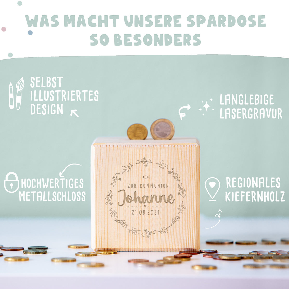 Personalisierte Holzspardose Geschenk zur Kommunion "Blumenkranz" Gravur