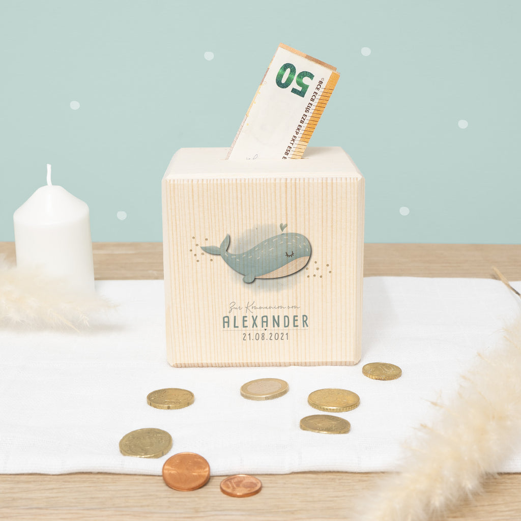 Personalisierte Holzspardose Geschenk zur Kommunion "Wal" Aquarell