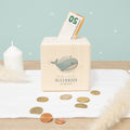 Personalisierte Holzspardose Geschenk zur Kommunion "Wal" Aquarell