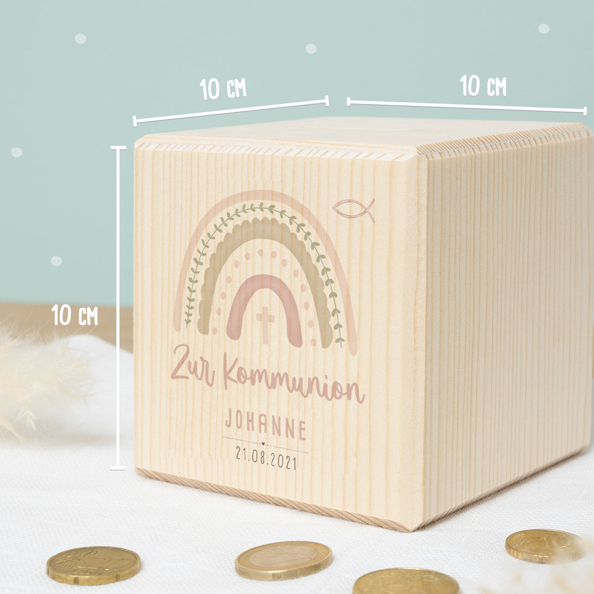 Personalisierte Holzspardose Geschenk zur Kommunion "Regenbogen Rosa" Aquarell