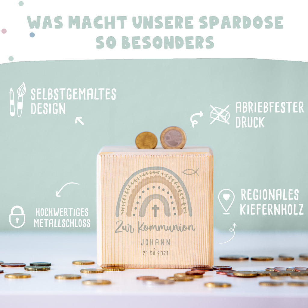 Personalisierte Holzspardose Geschenk zur Kommunion "Regenbogen Blau" Aquarell