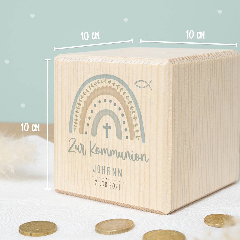 Personalisierte Holzspardose Geschenk zur Kommunion "Regenbogen Blau" Aquarell