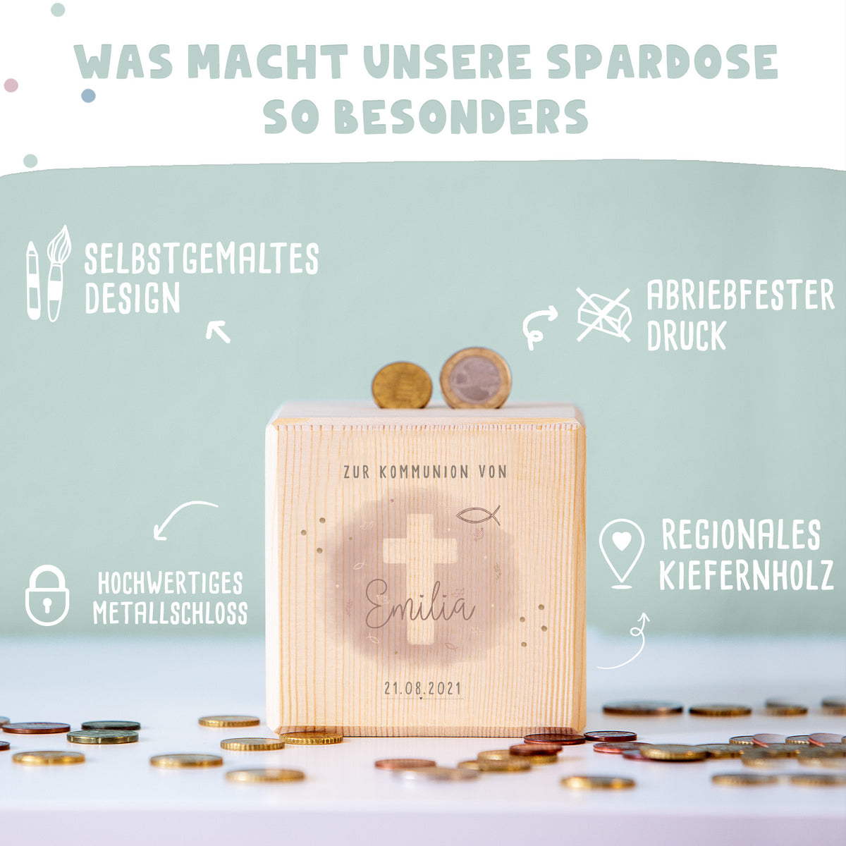 Personalisierte Holzspardose Geschenk zur Kommunion "Kreuz Rosa" Aquarell