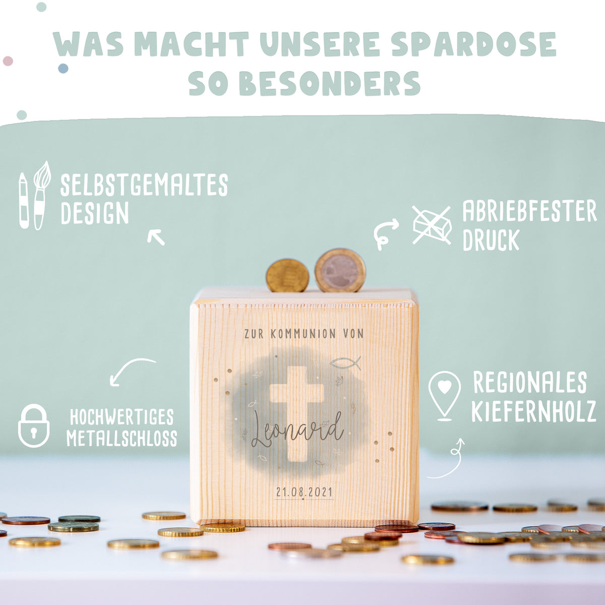 Personalisierte Holzspardose Geschenk zur Kommunion "Kreuz Blau" Aquarell