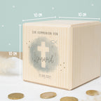 Personalisierte Holzspardose Geschenk zur Kommunion "Kreuz Blau" Aquarell