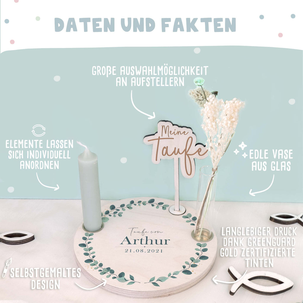 Personalisierter Taufteller "Eukalyptus" mit Vase & Wunsch-Holzaufsteller