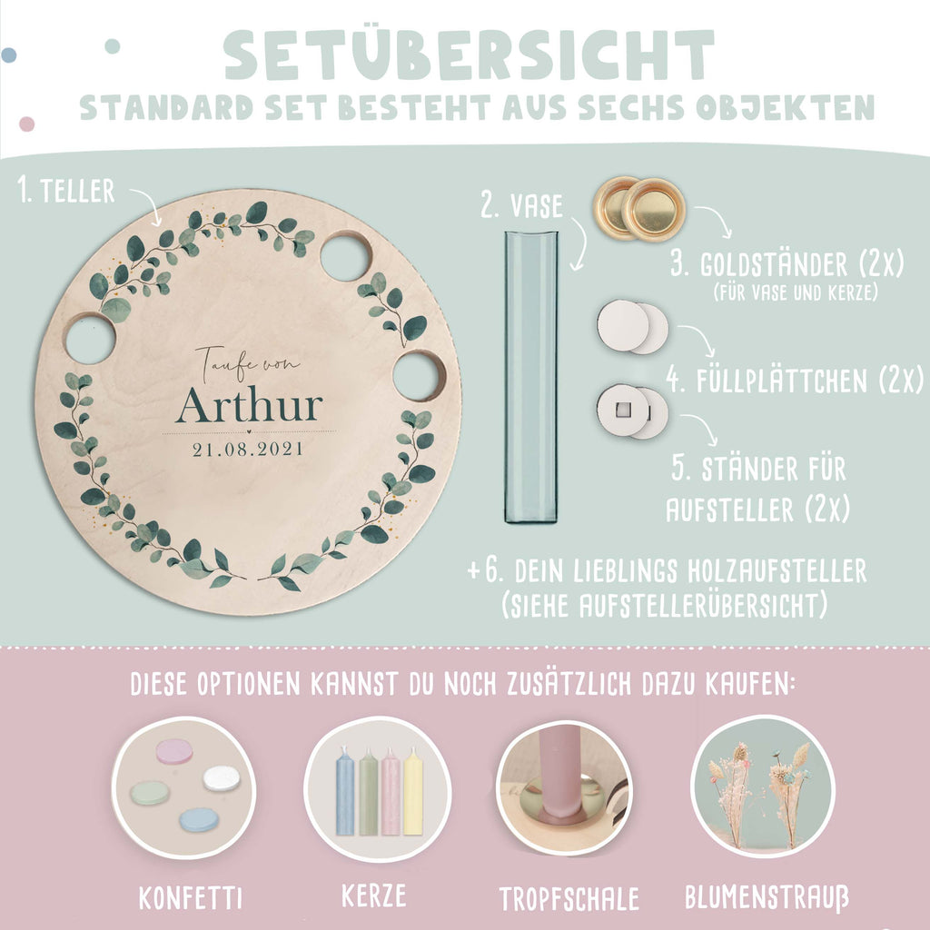 Personalisierter Taufteller "Eukalyptus" mit Vase & Wunsch-Holzaufsteller