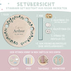 Personalisierter Taufteller "Eukalyptus" mit Vase & Wunsch-Holzaufsteller