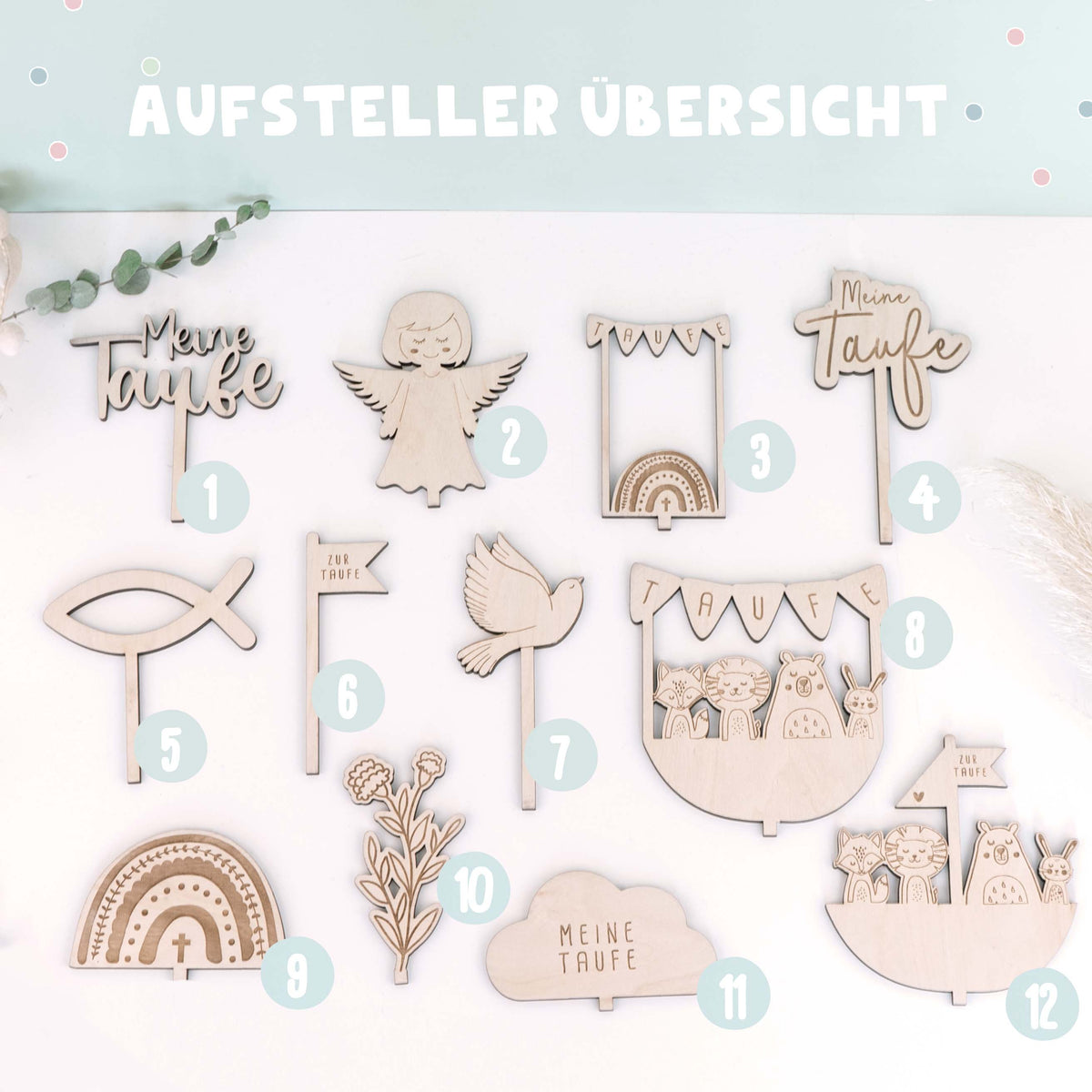 Personalisierter Taufteller "Eukalyptus" mit Vase & Wunsch-Holzaufsteller
