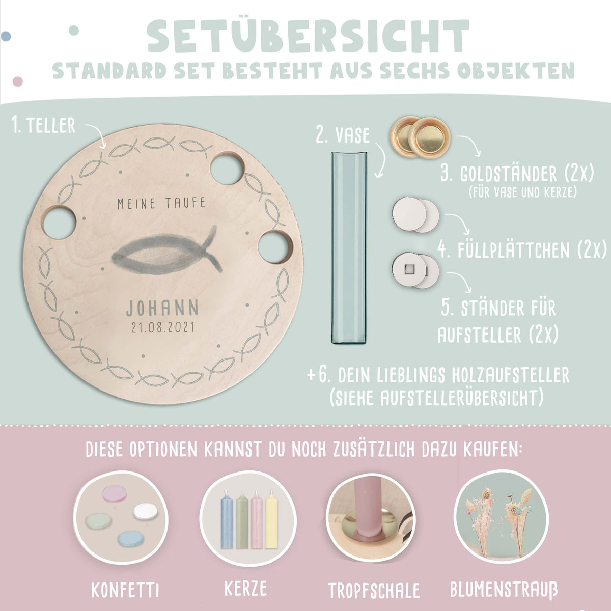 Personalisierter Taufteller "Fisch" mit Vase & Wunsch-Holzaufsteller