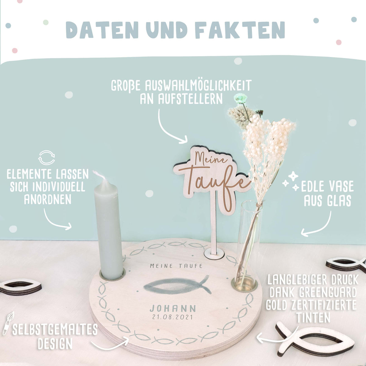 Personalisierter Taufteller "Fisch" mit Vase & Wunsch-Holzaufsteller
