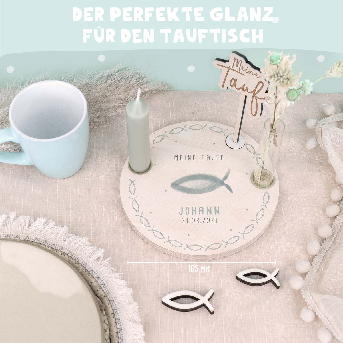 Personalisierter Taufteller "Fisch" mit Vase & Wunsch-Holzaufsteller