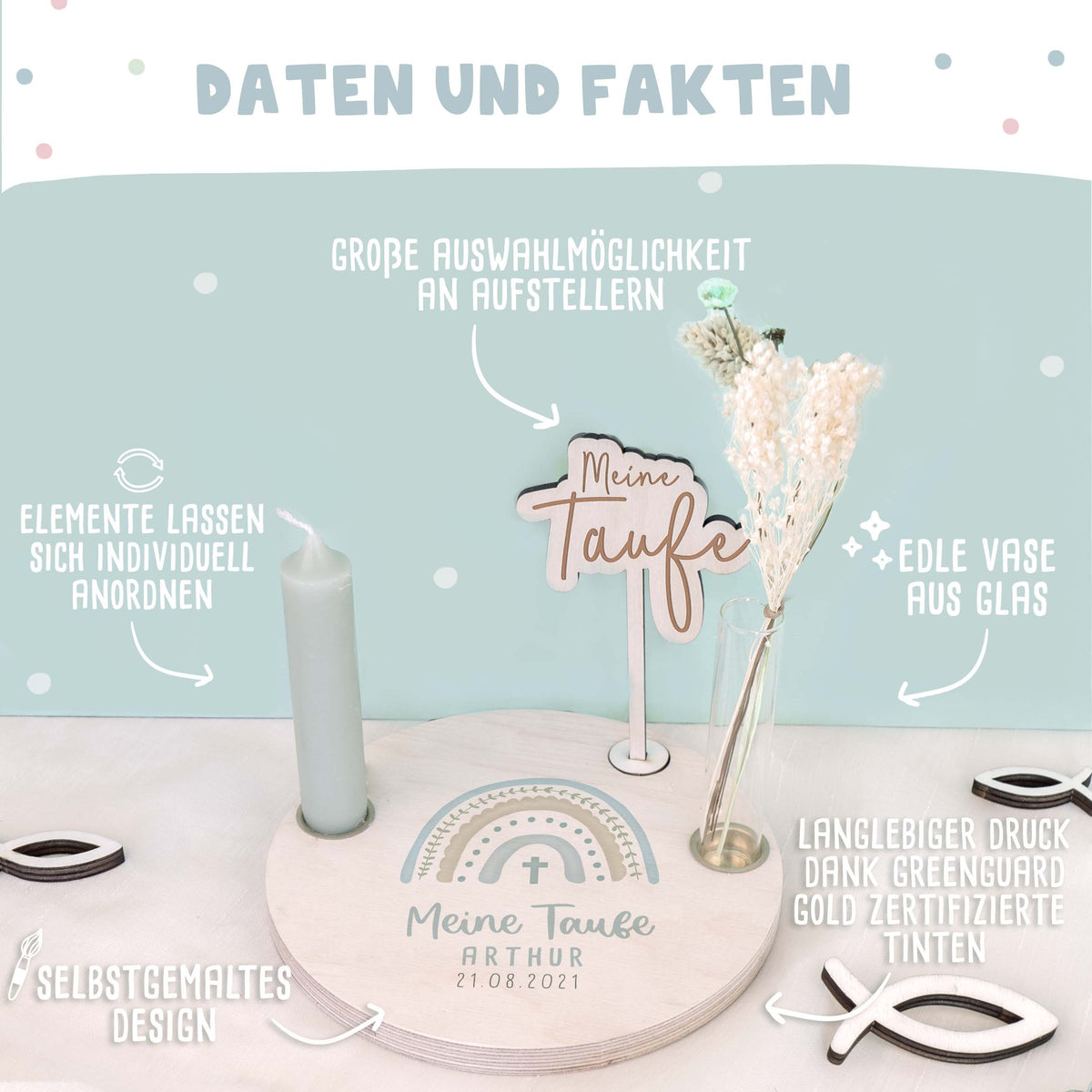 Personalisierter Taufteller "Regenbogen Blau" mit Vase & Wunsch-Holzaufsteller