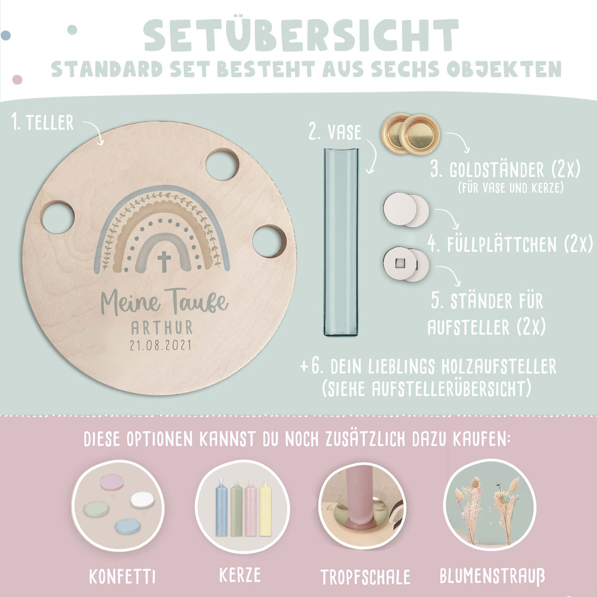 Personalisierter Taufteller "Regenbogen Blau" mit Vase & Wunsch-Holzaufsteller