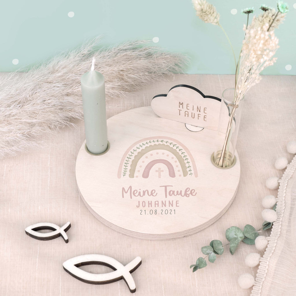 Personalisierter Taufteller "Regenbogen Rosa" mit Vase & Wunsch-Holzaufsteller