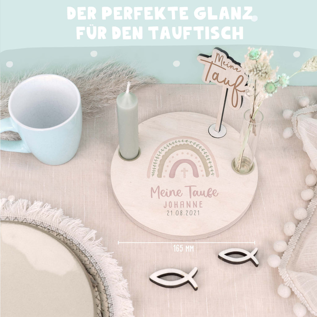 Personalisierter Taufteller "Regenbogen Rosa" mit Vase & Wunsch-Holzaufsteller