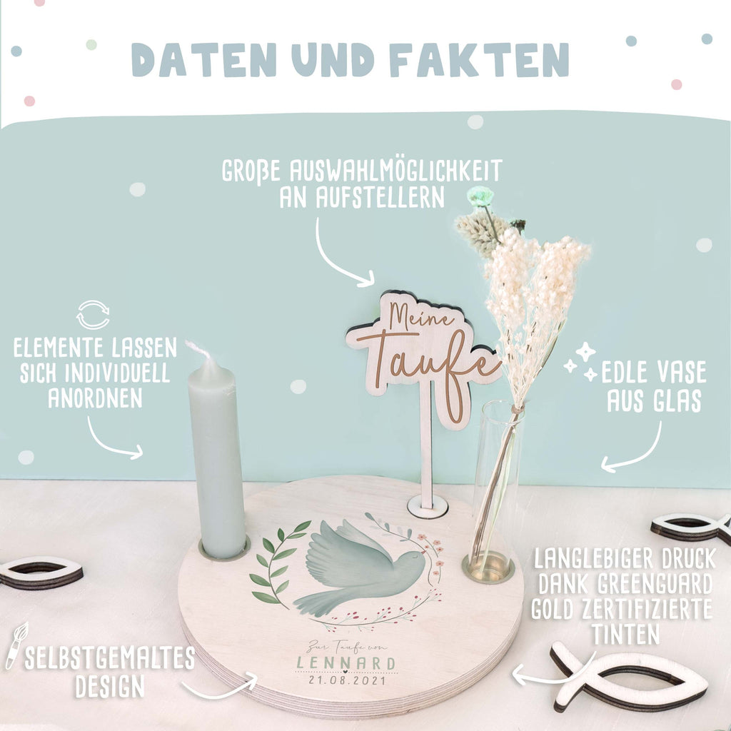 Personalisierter Taufteller "Taube" mit Vase & Wunsch-Holzaufsteller