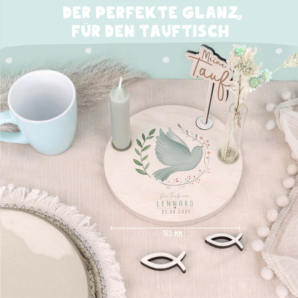Personalisierter Taufteller "Taube" mit Vase & Wunsch-Holzaufsteller