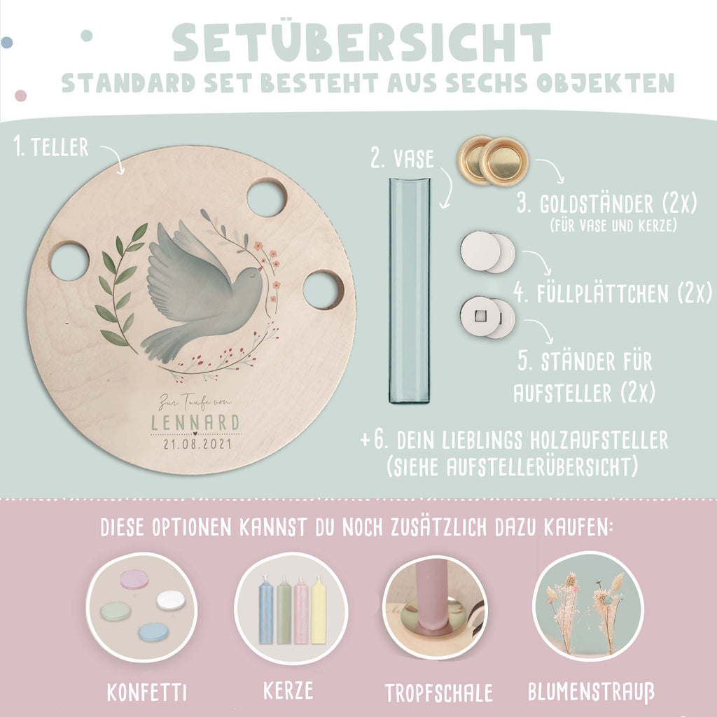 Personalisierter Taufteller "Taube" mit Vase & Wunsch-Holzaufsteller