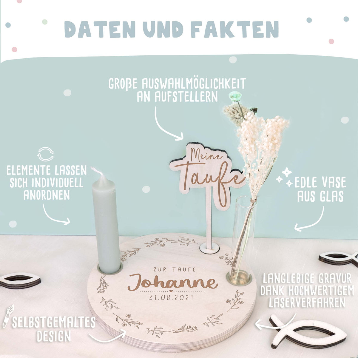 Taufteller Blumenkranz personalisiert Gravur