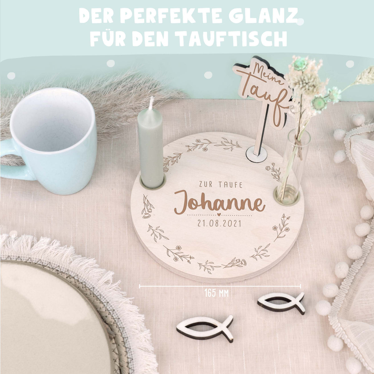 Taufteller Blumenkranz personalisiert Gravur