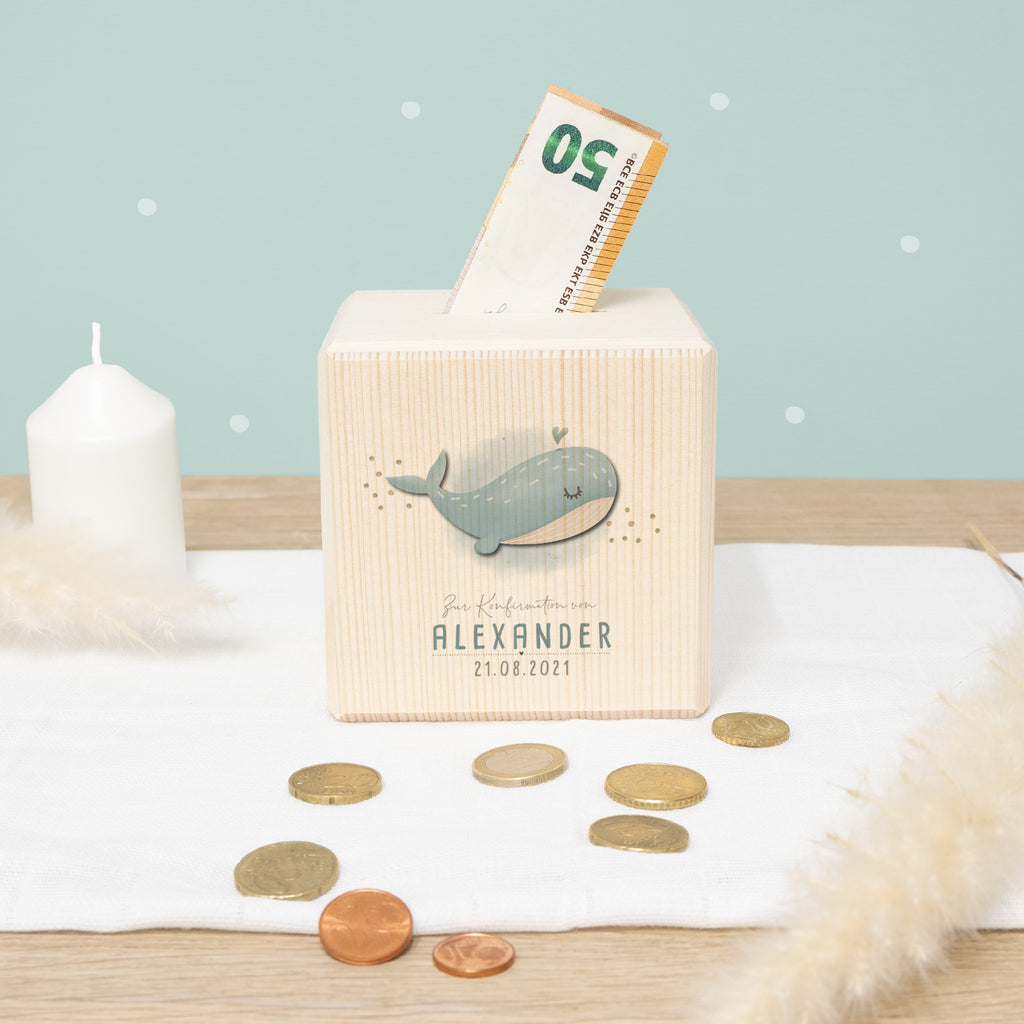 Personalisierte Holzspardose Geschenk zur Konfirmation "Wal" Aquarell