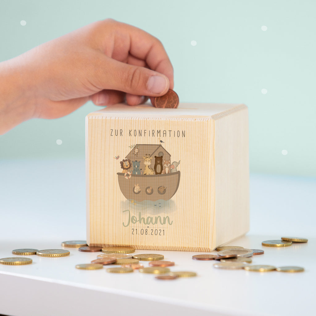 Personalisierte Holzspardose Geschenk zur Konfirmation "Arche Noah" Aquarell