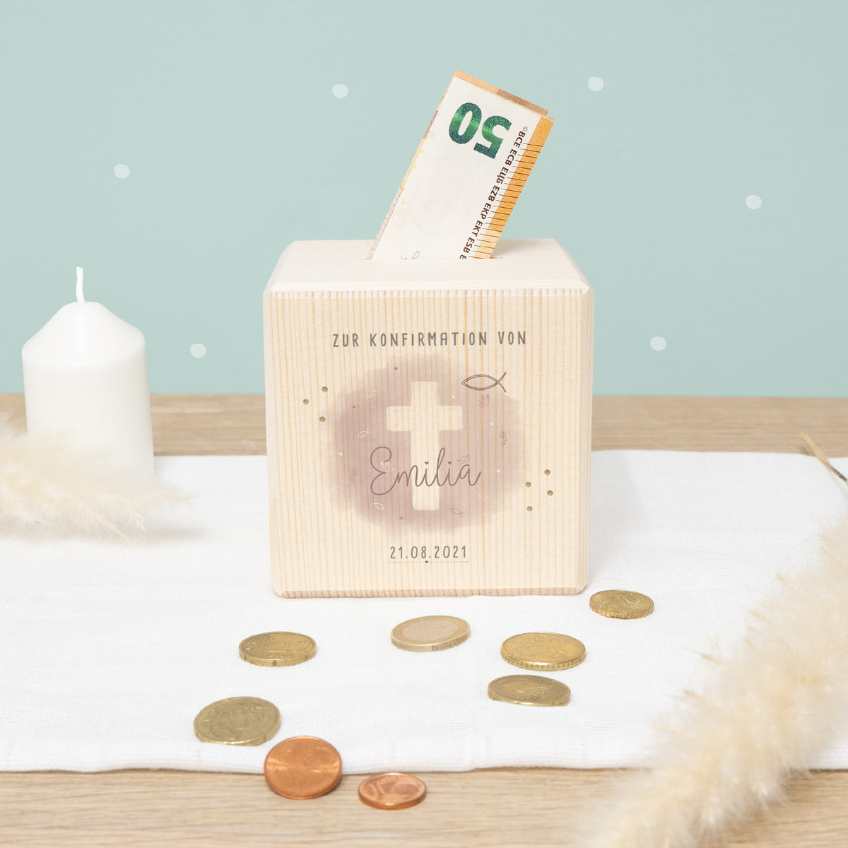 Personalisierte Holzspardose Geschenk zur Konfirmation "Kreuz Rosa" Aquarell