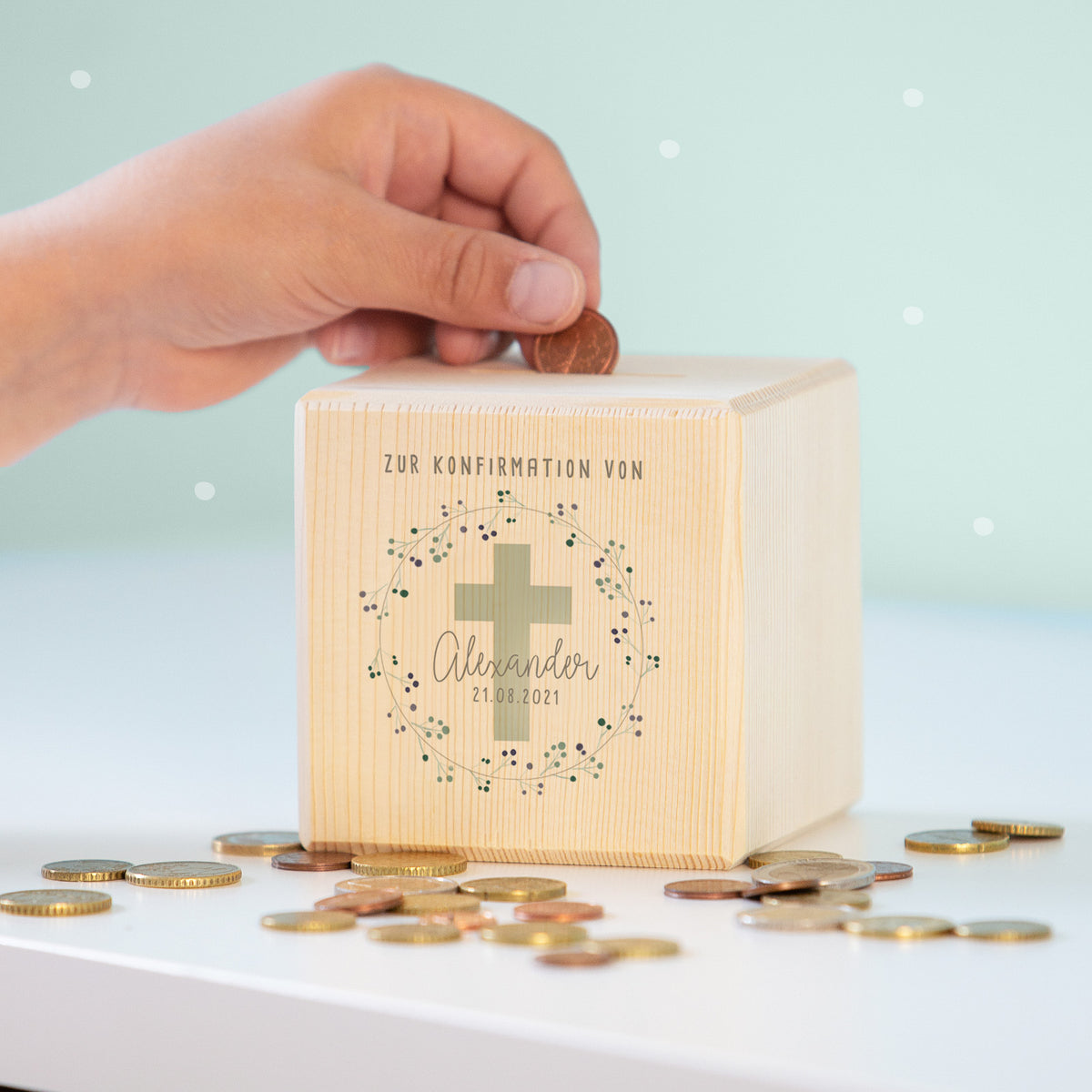Personalisierte Holzspardose Geschenk zur Konfirmation "Kreuz Mint" Aquarell