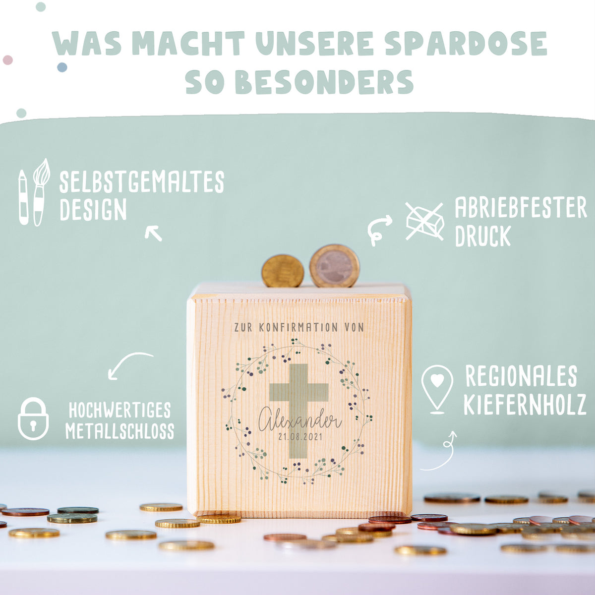 Personalisierte Holzspardose Geschenk zur Konfirmation "Kreuz Mint" Aquarell