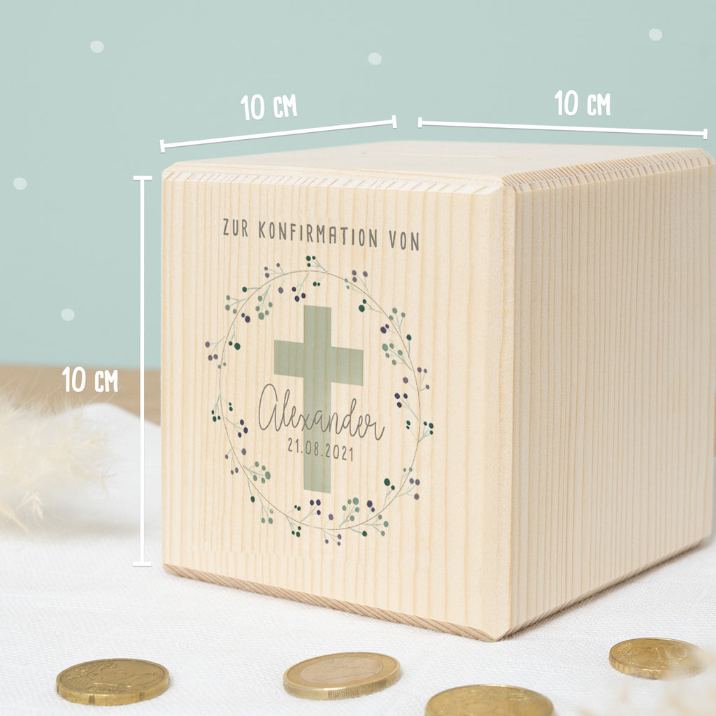 Personalisierte Holzspardose Geschenk zur Konfirmation "Kreuz Mint" Aquarell