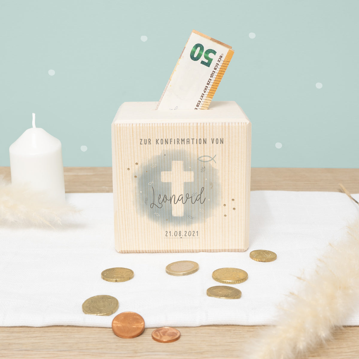 Personalisierte Holzspardose Geschenk zur Konfirmation "Kreuz Blau" Aquarell