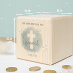 Personalisierte Holzspardose Geschenk zur Konfirmation "Kreuz Blau" Aquarell