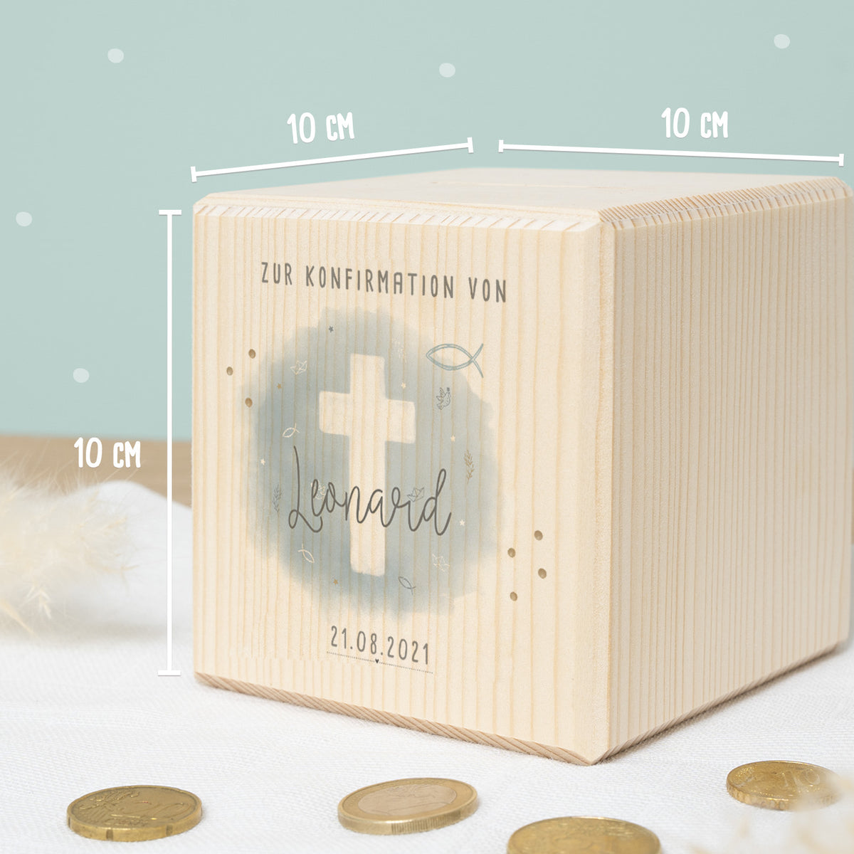 Personalisierte Holzspardose Geschenk zur Konfirmation "Kreuz Blau" Aquarell