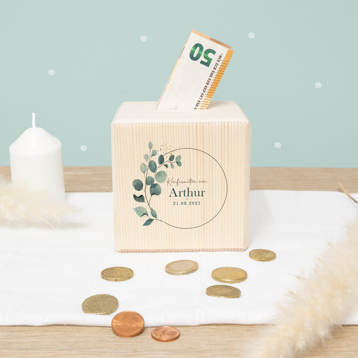 Personalisierte Holzspardose Geschenk zur Konfirmation "Eukalyptus" Aquarell