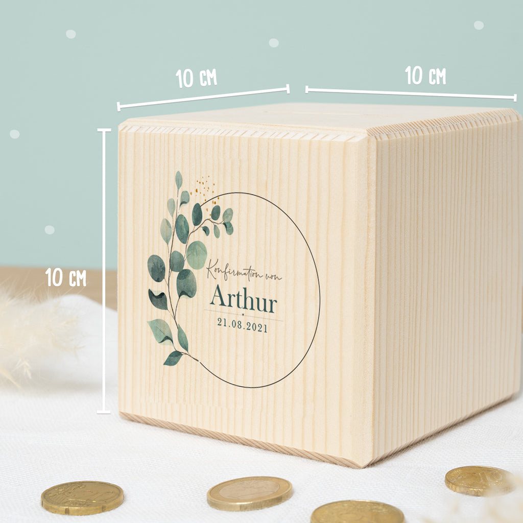 Personalisierte Holzspardose Geschenk zur Konfirmation "Eukalyptus" Aquarell