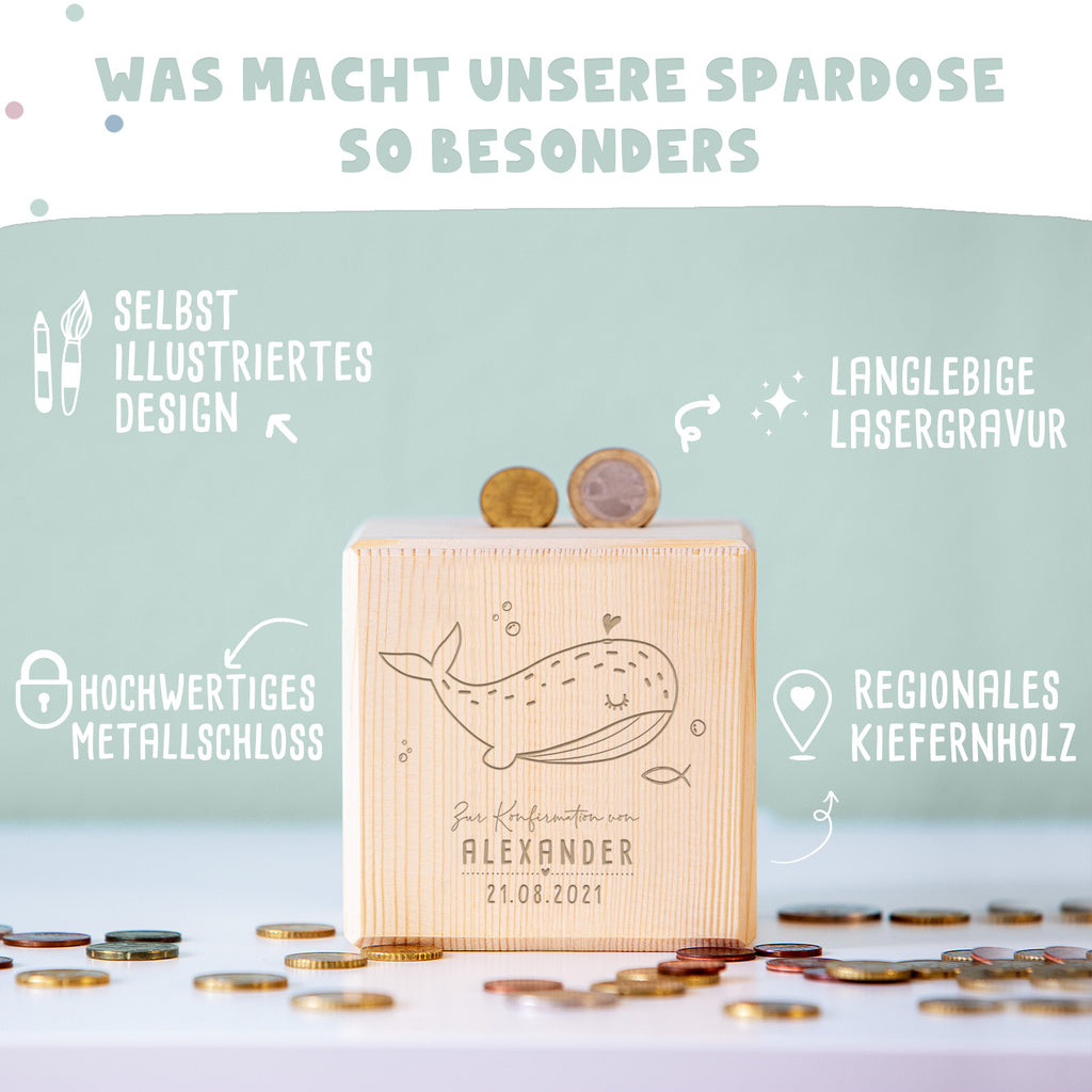 Personalisierte Holzspardose Geschenk zur Konfirmation "Wal" Gravur